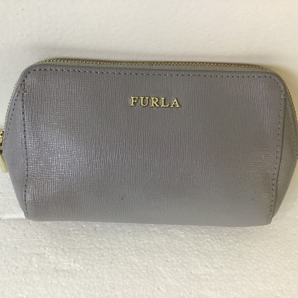 Furla Grey Leather Gold Zip Top Cosmetics Purse